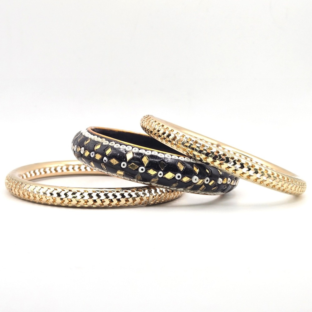 Vintage Set of 3 Bangles Black Resin Gold Tone Inlay Textured Metal Bracelets